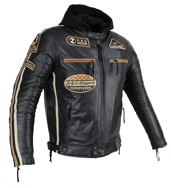 Chaqueta de cuero de moto con capucha ALPHA SPEEDS, de frente