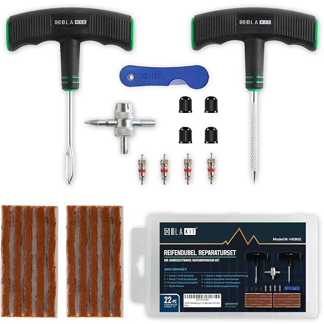 Kit compacto de reparación de neumáticos HOLAKIT de 22 piezas